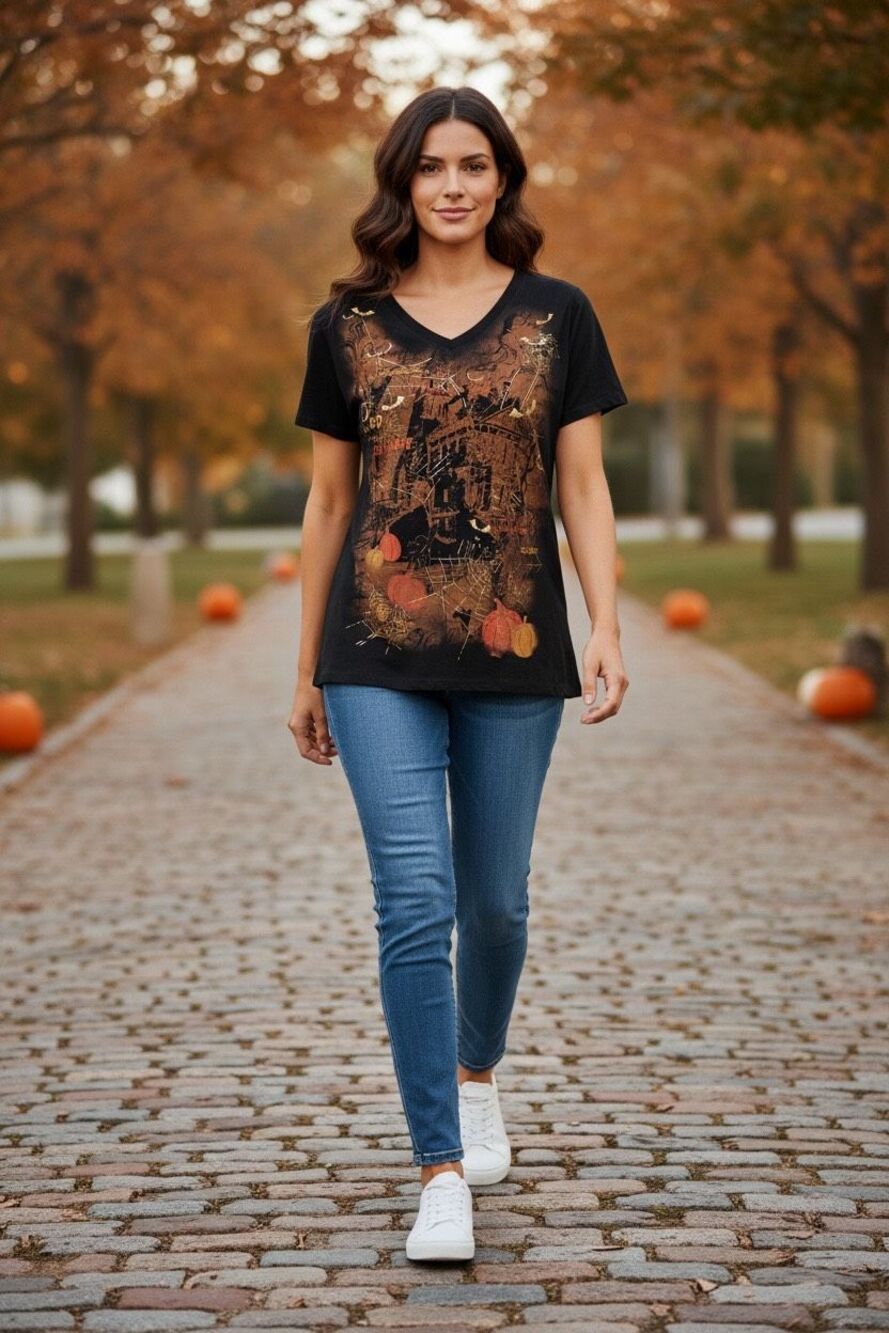 Halloween Black V Neck Graphic T Shirt Pumpkins Bats Haunted House Women’s M